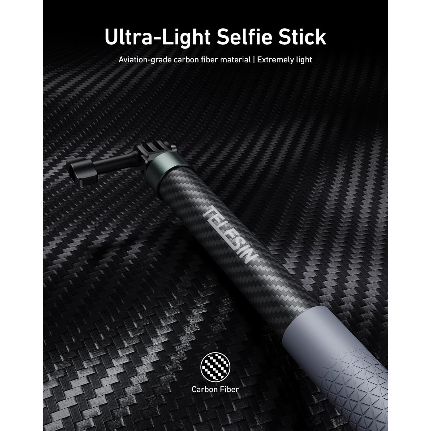 Palo Selfie Extensible TELESIN 1.2m Fibra de Carbono Impermeable