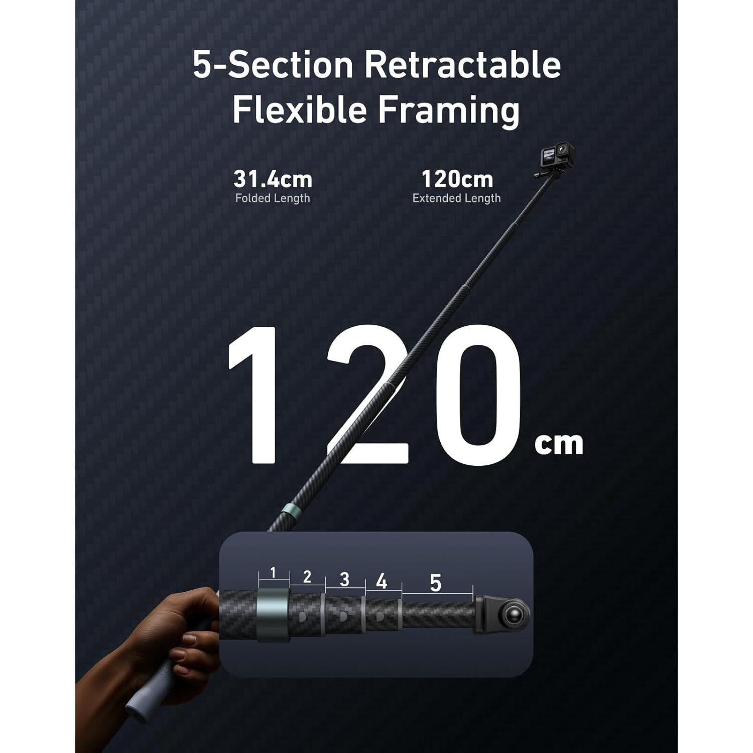 Palo Selfie Extensible TELESIN 1.2m Fibra de Carbono Impermeable