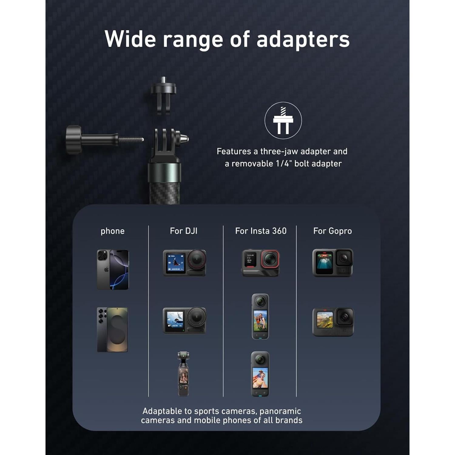 Palo Selfie Extensible TELESIN 1.2m Fibra de Carbono Impermeable