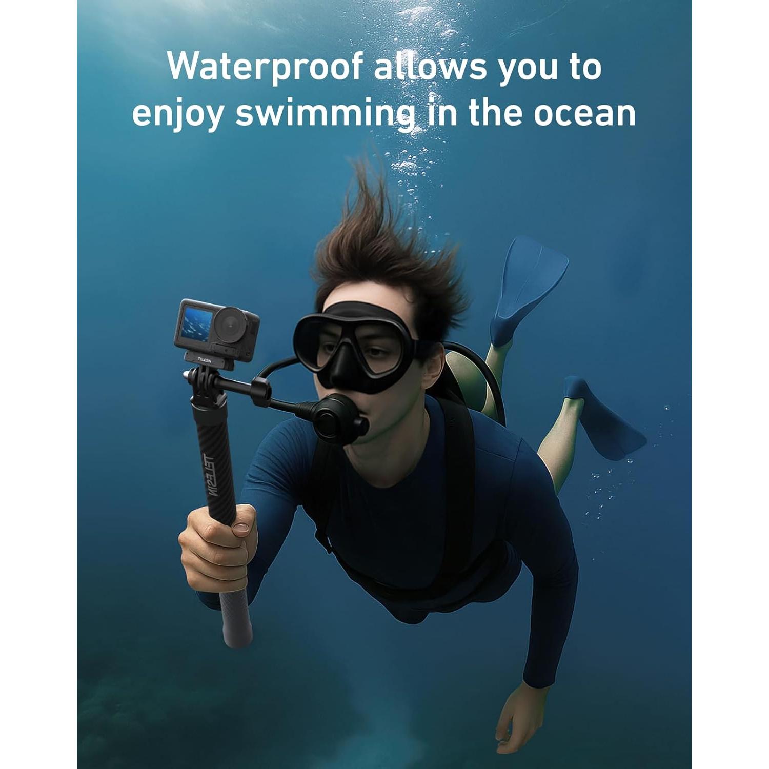 Palo Selfie Extensible TELESIN 1.2m Fibra de Carbono Impermeable