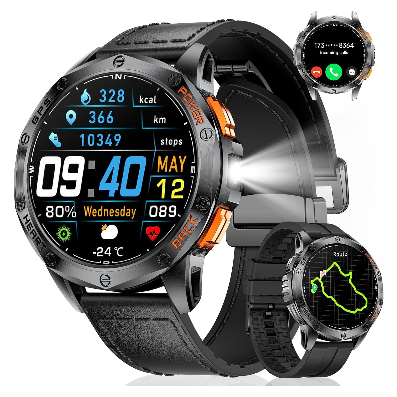 GPS Smart Watches for Men,1.43"AMOLED Fitness Tracker with LED Flashlight/Compass/530mAh Battery/Pedometer, Heart Rate/SpO2/Sleep Monitor 5ATM Outdoor Sports Smartwatch for Android iOS,100+Sport Modes