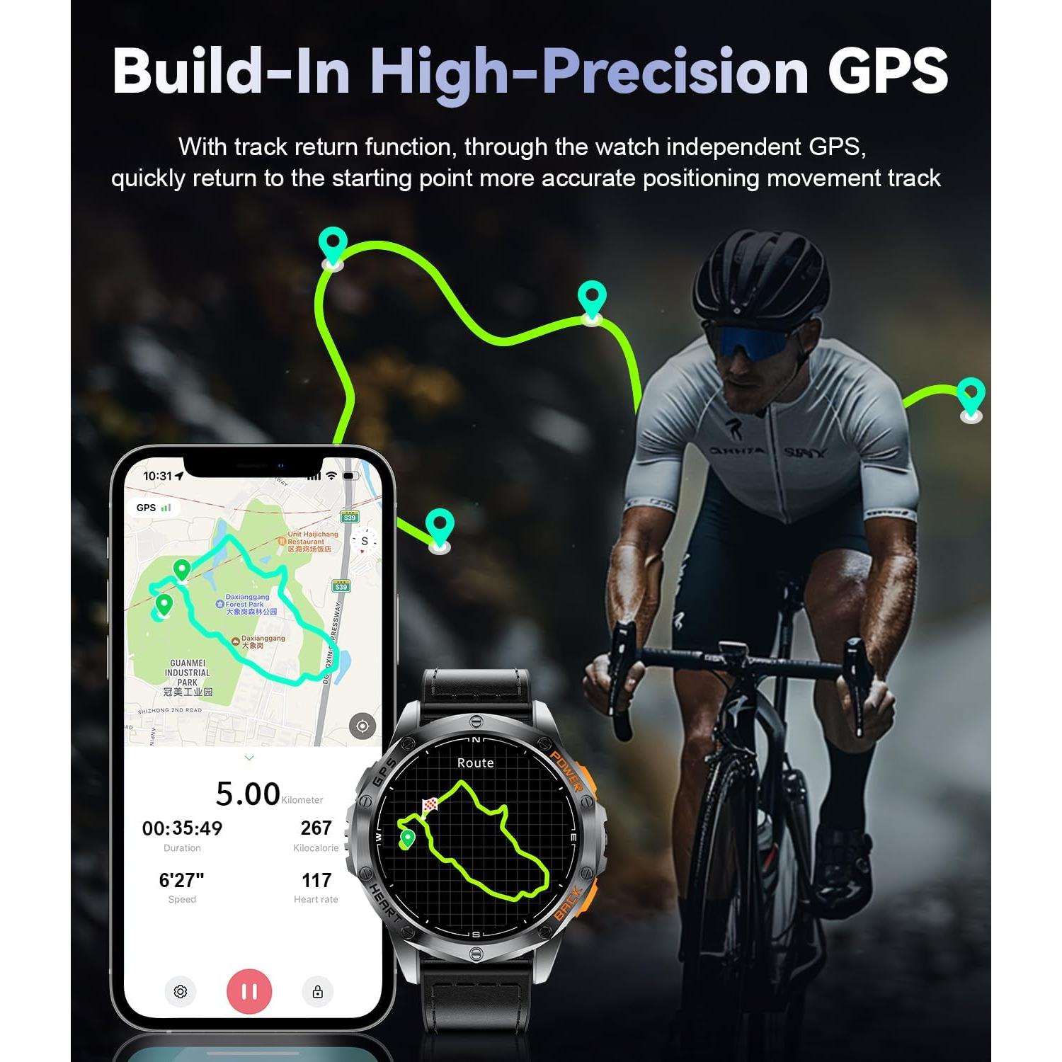 GPS Smart Watches for Men,1.43"AMOLED Fitness Tracker with LED Flashlight/Compass/530mAh Battery/Pedometer, Heart Rate/SpO2/Sleep Monitor 5ATM Outdoor Sports Smartwatch for Android iOS,100+Sport Modes