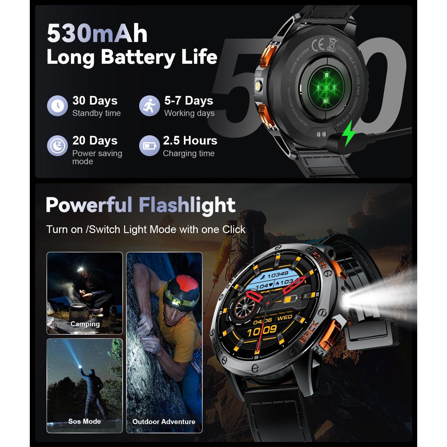 GPS Smart Watches for Men,1.43"AMOLED Fitness Tracker with LED Flashlight/Compass/530mAh Battery/Pedometer, Heart Rate/SpO2/Sleep Monitor 5ATM Outdoor Sports Smartwatch for Android iOS,100+Sport Modes