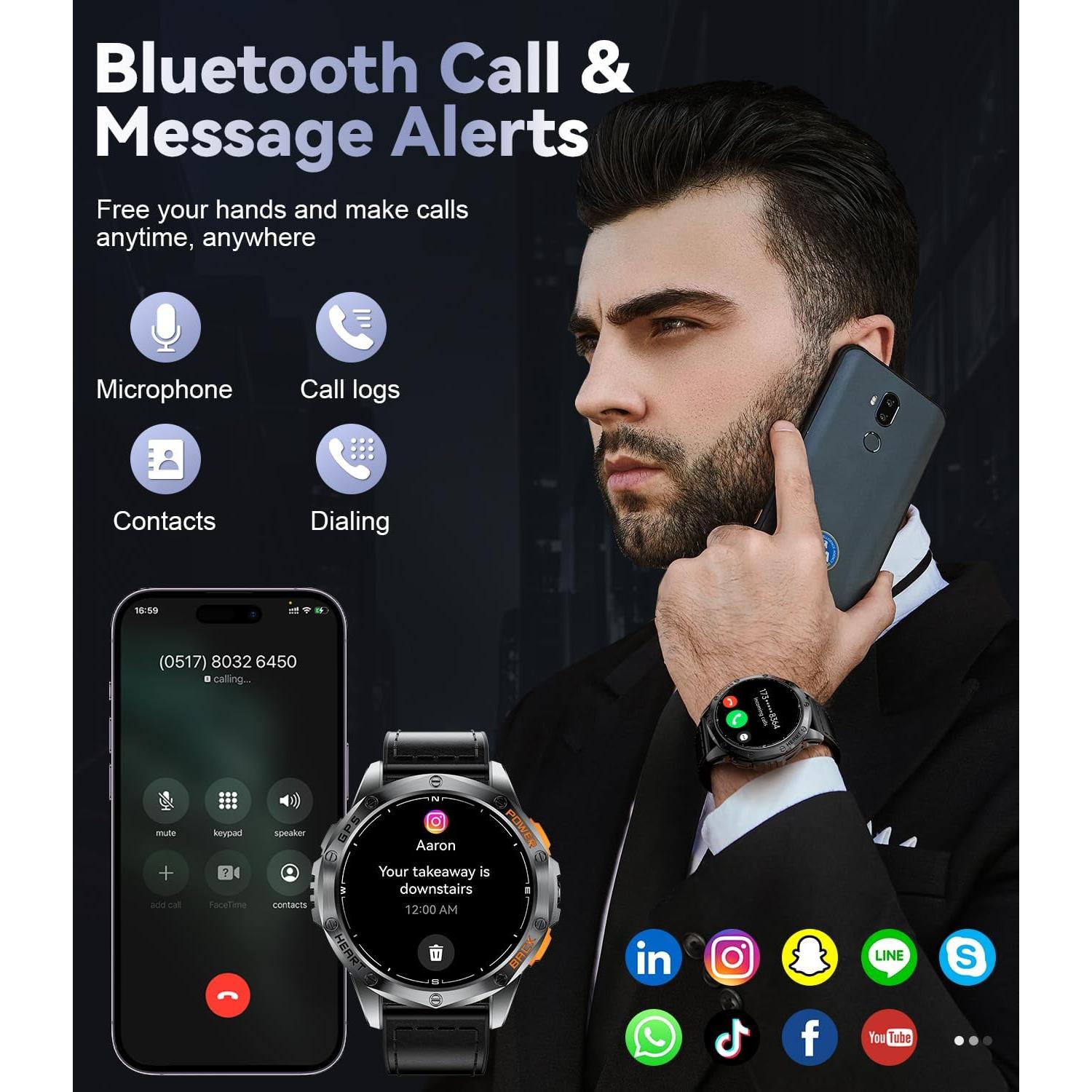 GPS Smart Watches for Men,1.43"AMOLED Fitness Tracker with LED Flashlight/Compass/530mAh Battery/Pedometer, Heart Rate/SpO2/Sleep Monitor 5ATM Outdoor Sports Smartwatch for Android iOS,100+Sport Modes