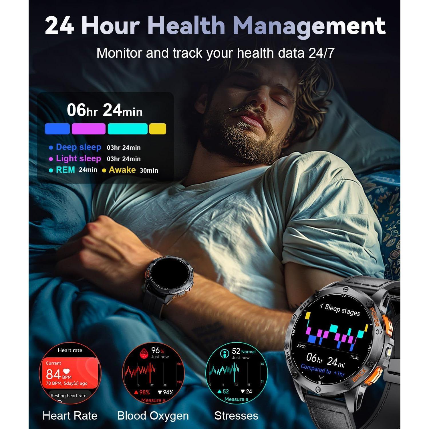 GPS Smart Watches for Men,1.43"AMOLED Fitness Tracker with LED Flashlight/Compass/530mAh Battery/Pedometer, Heart Rate/SpO2/Sleep Monitor 5ATM Outdoor Sports Smartwatch for Android iOS,100+Sport Modes