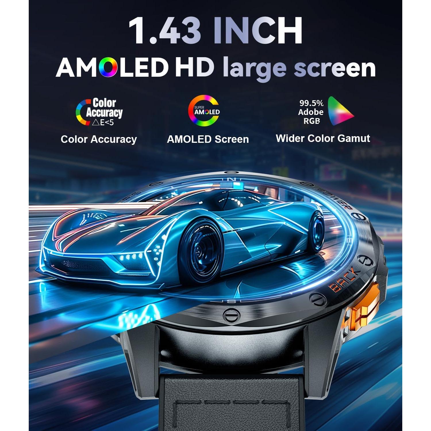 GPS Smart Watches for Men,1.43"AMOLED Fitness Tracker with LED Flashlight/Compass/530mAh Battery/Pedometer, Heart Rate/SpO2/Sleep Monitor 5ATM Outdoor Sports Smartwatch for Android iOS,100+Sport Modes