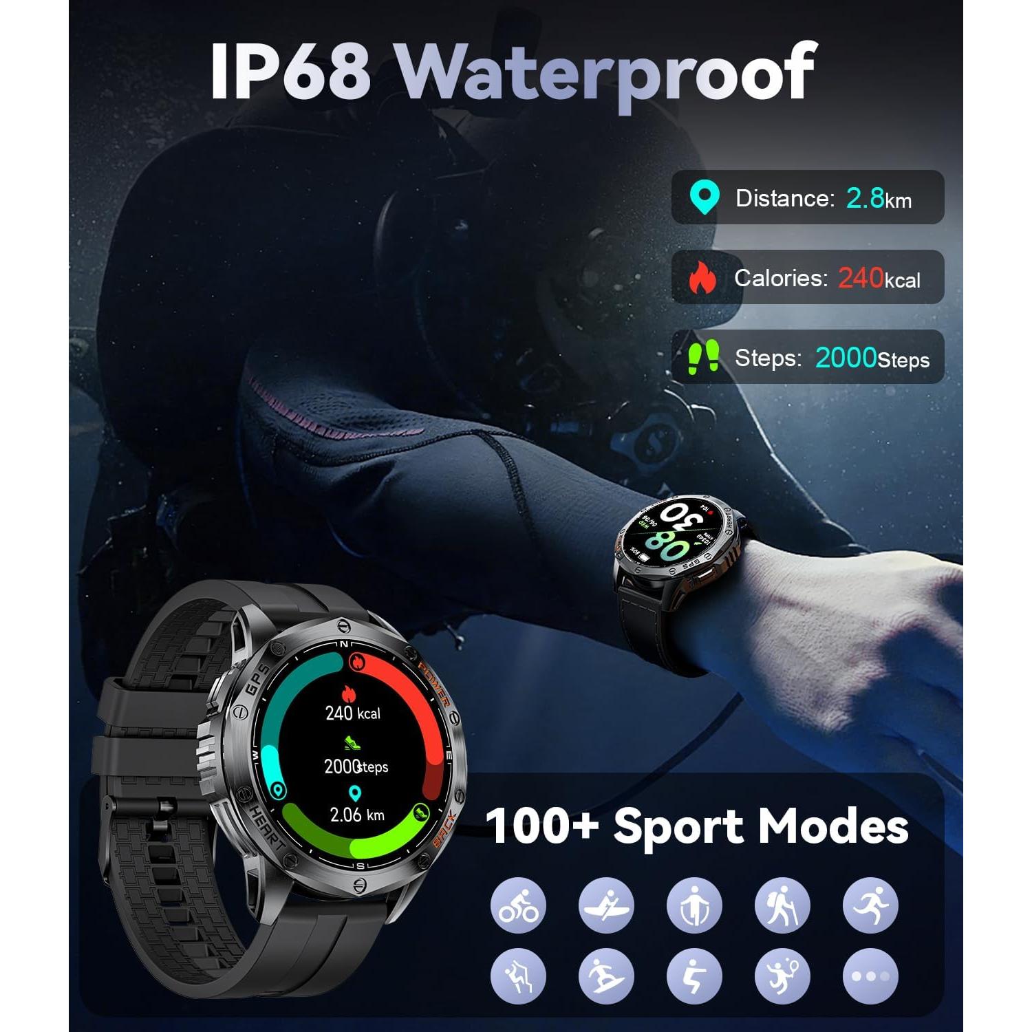 GPS Smart Watches for Men,1.43"AMOLED Fitness Tracker with LED Flashlight/Compass/530mAh Battery/Pedometer, Heart Rate/SpO2/Sleep Monitor 5ATM Outdoor Sports Smartwatch for Android iOS,100+Sport Modes