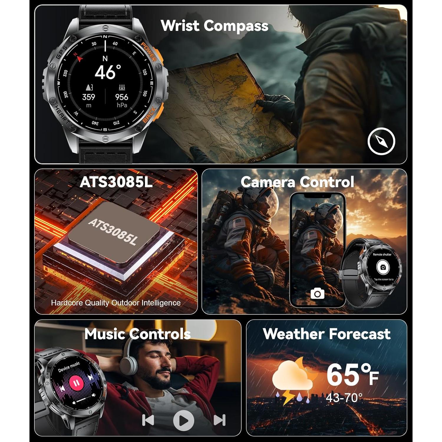 GPS Smart Watches for Men,1.43"AMOLED Fitness Tracker with LED Flashlight/Compass/530mAh Battery/Pedometer, Heart Rate/SpO2/Sleep Monitor 5ATM Outdoor Sports Smartwatch for Android iOS,100+Sport Modes