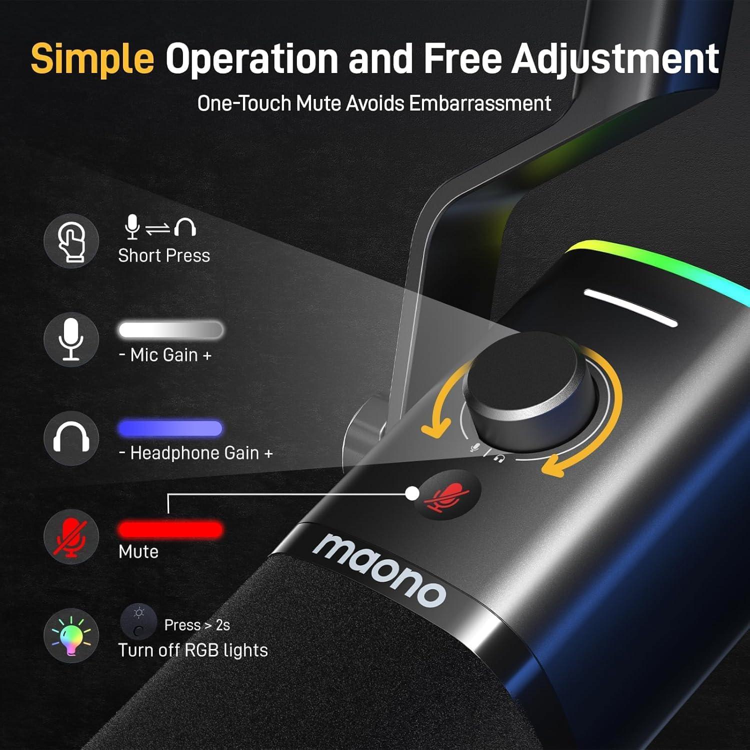 Micrófono Dinámico MAONO PD100XS USB/XLR con RGB y Brazo