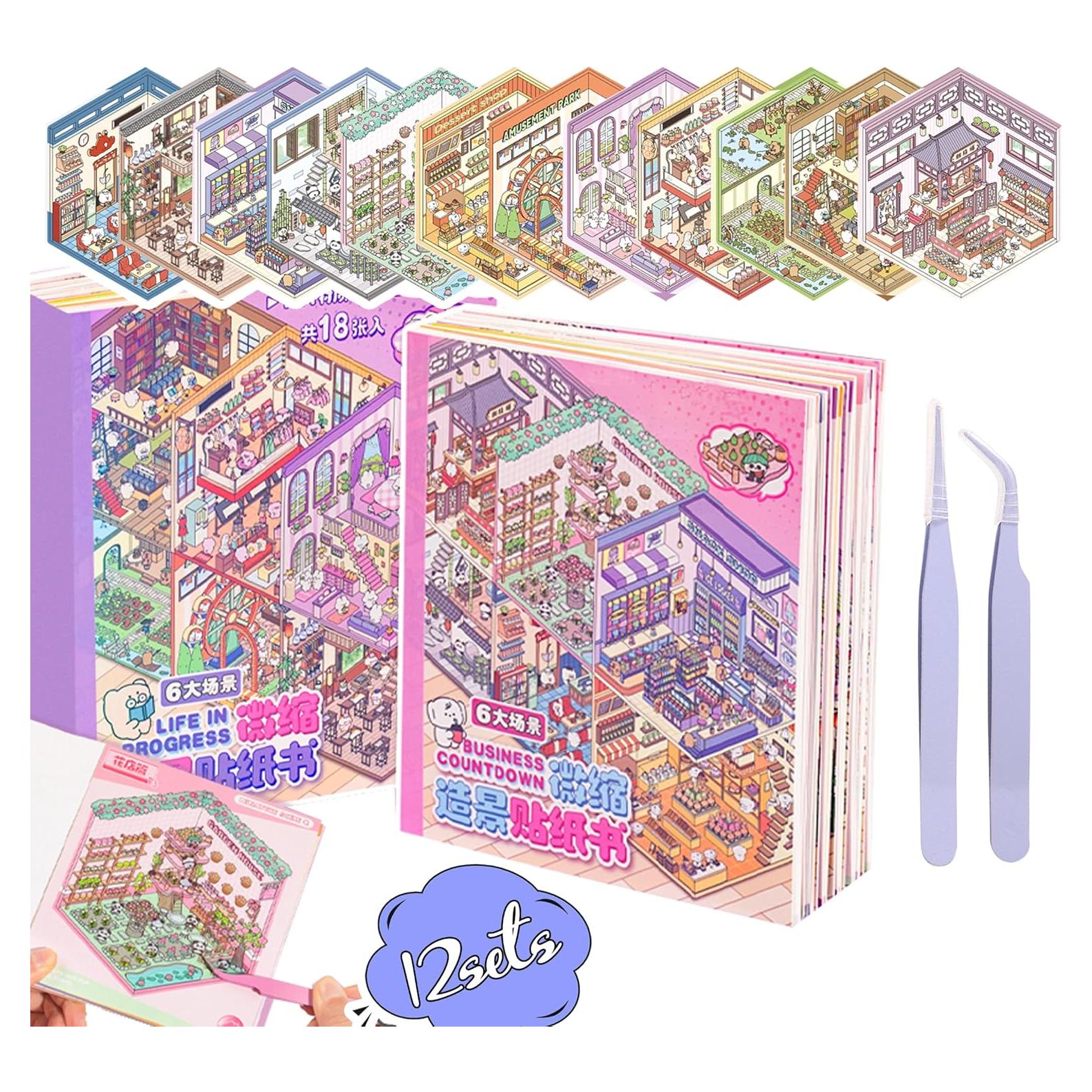3D Sticker Scene Book Sticker Therapy for Adults and Kids 2 Books with 12 Sets of DIY 3D House Stickers Featuring Various Themes
