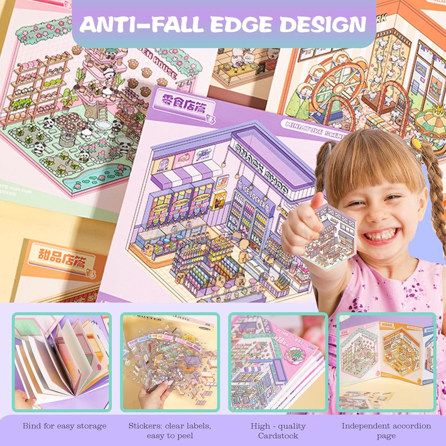 3D Sticker Scene Book Sticker Therapy for Adults and Kids 2 Books with 12 Sets of DIY 3D House Stickers Featuring Various Themes