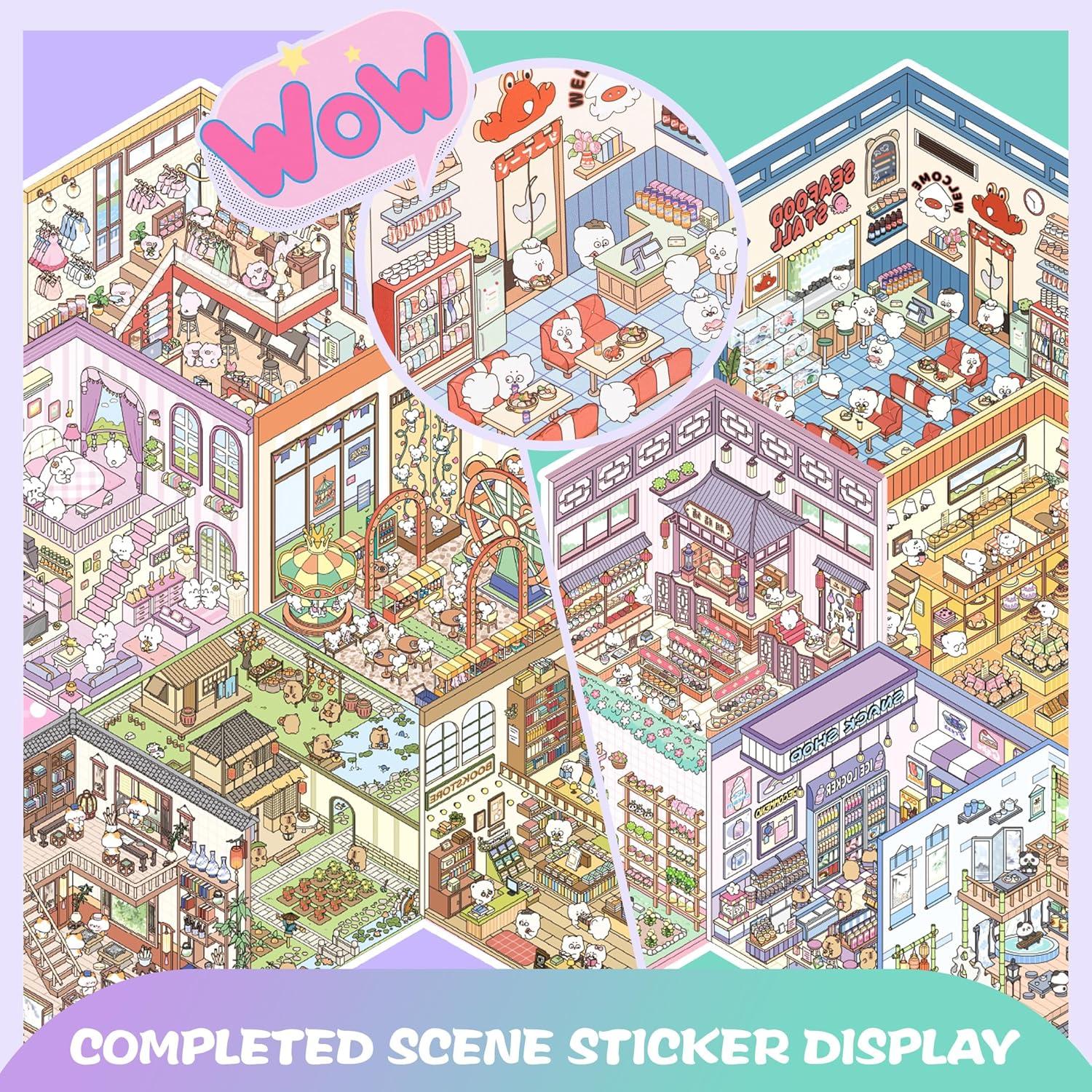 3D Sticker Scene Book Sticker Therapy for Adults and Kids 2 Books with 12 Sets of DIY 3D House Stickers Featuring Various Themes