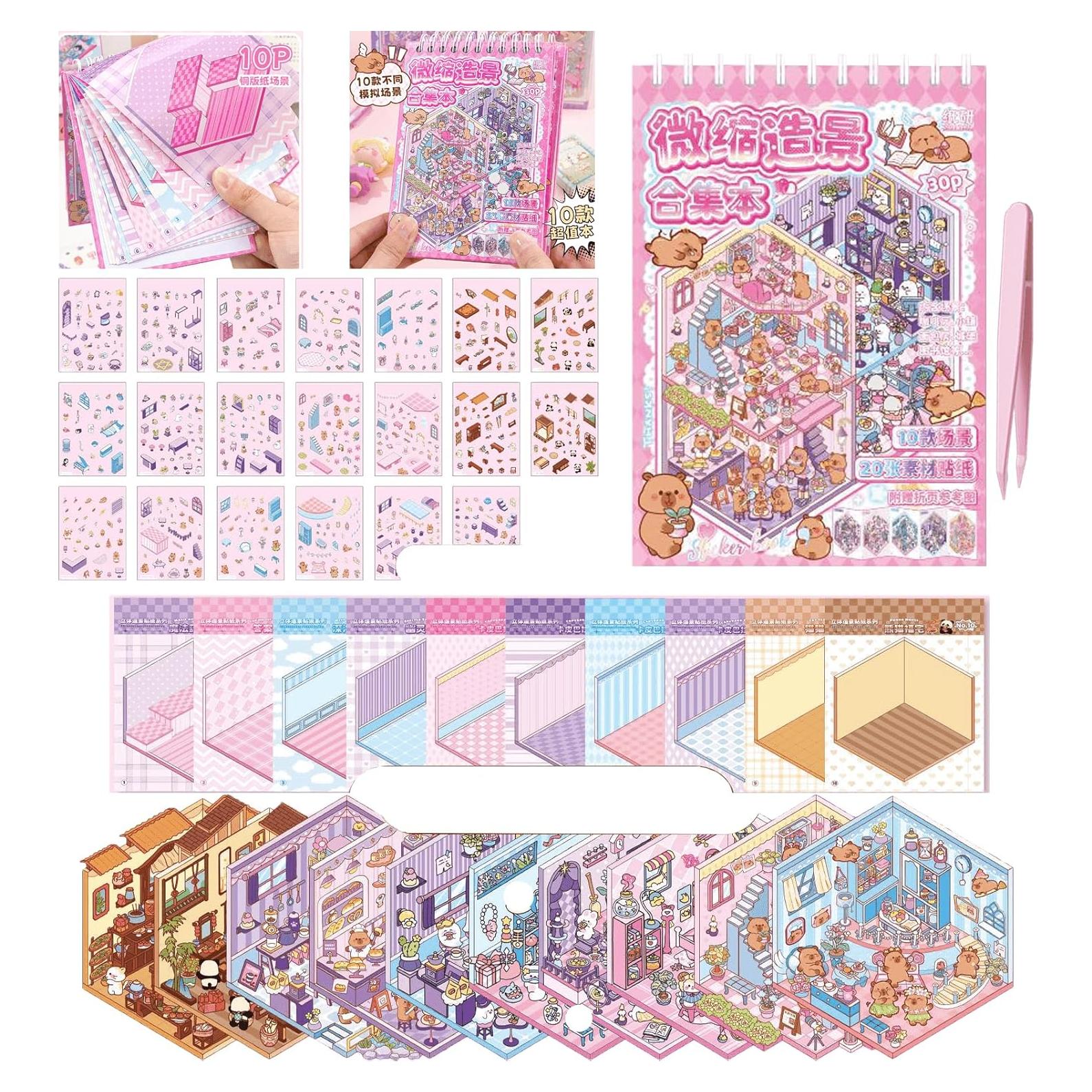 3D Sticker Scene Book,Sticker Therapy for Adults,Include 10 Beautiful House Isometric 3D Space DIY Scene Stickers Book,Cute Art Stickers for Girls