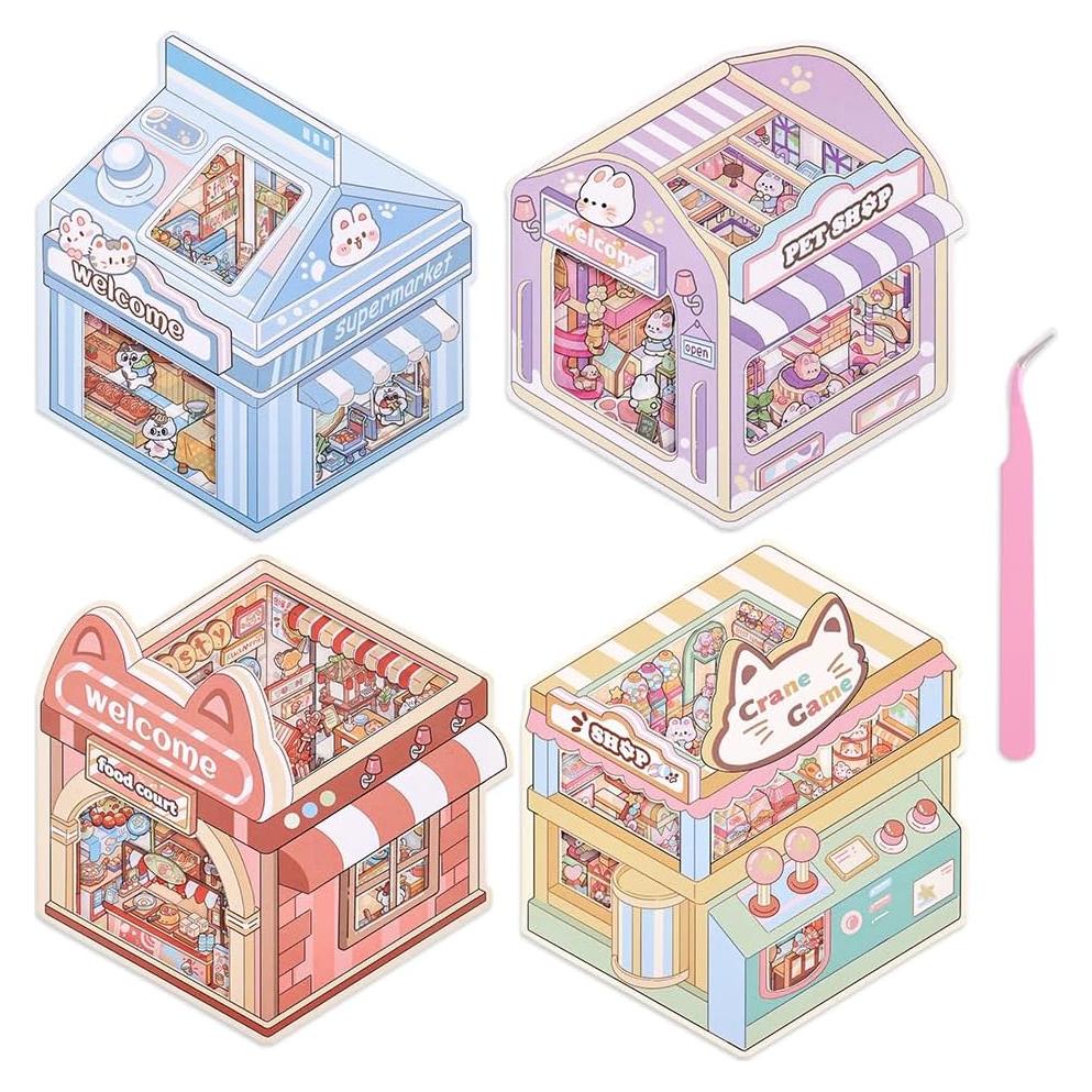 4 Sets Stickers 3D Miniatura Tienda de Mascotas icceemee