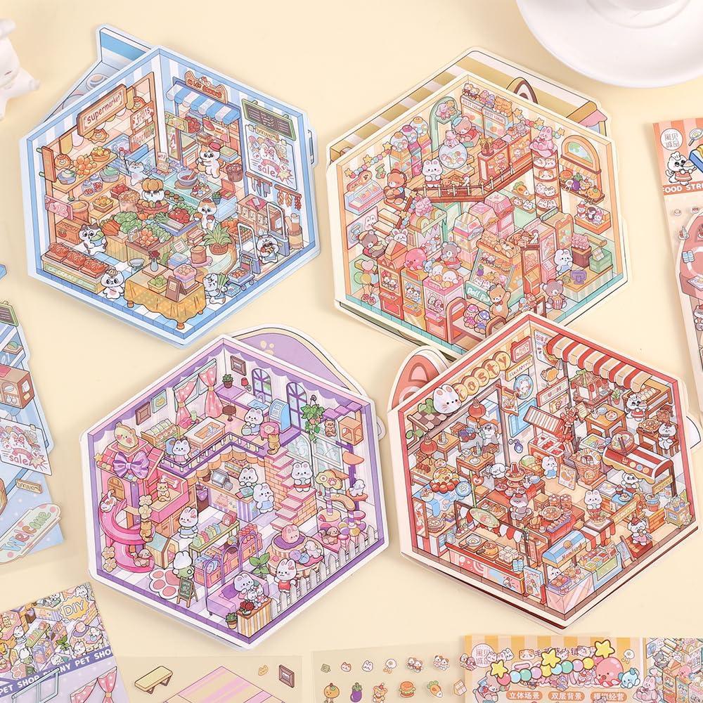 4 Sets Stickers 3D Miniatura Tienda de Mascotas icceemee