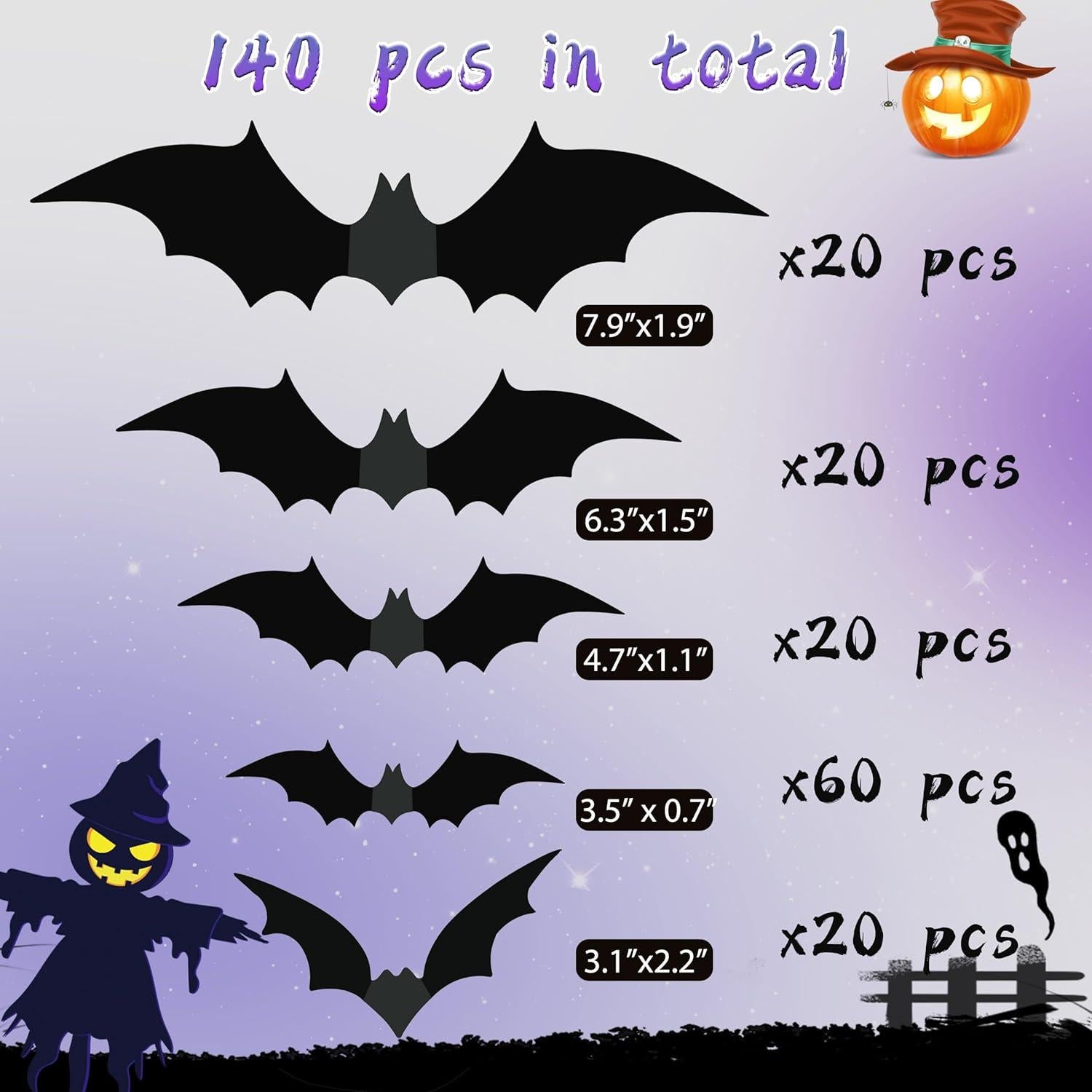 Decoraciones de Halloween 140PCS Murciélagos 3D PVC Reutilizables