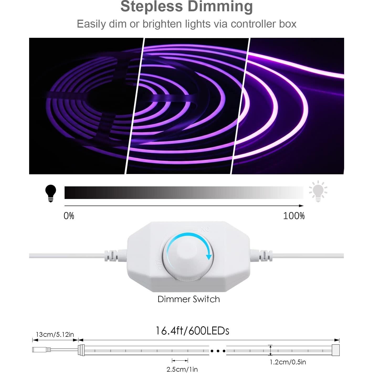 ALITOVE Neon Lights Strip Purple Silicone Flexible Dimmable LED Rope Light for DIY Neon Signs Bedroom Bar Wall Decor 16.4ft 5m 600 LEDs 12V DC Waterproof with Power Adapter Dimmer