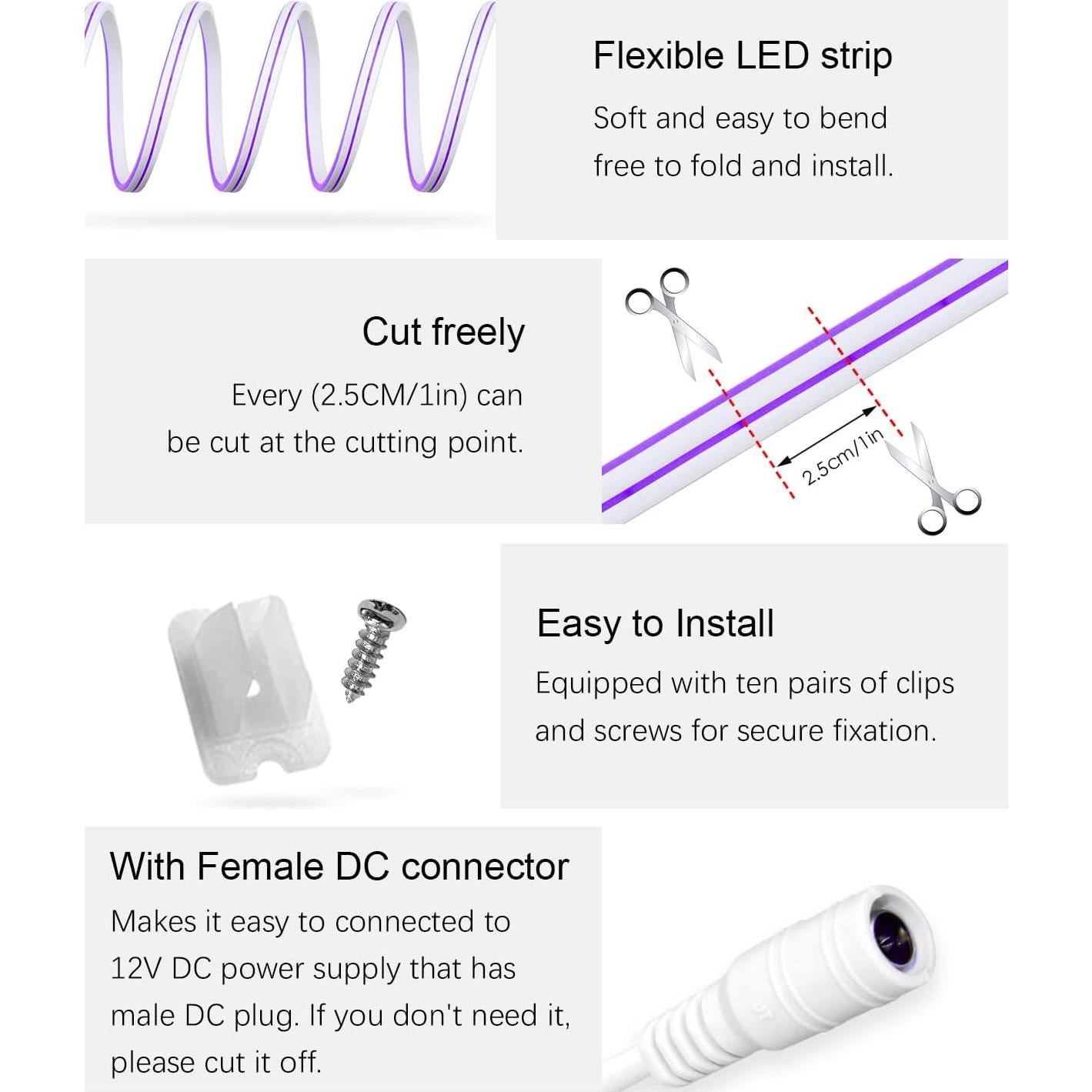 ALITOVE Neon Lights Strip Purple Silicone Flexible Dimmable LED Rope Light for DIY Neon Signs Bedroom Bar Wall Decor 16.4ft 5m 600 LEDs 12V DC Waterproof with Power Adapter Dimmer