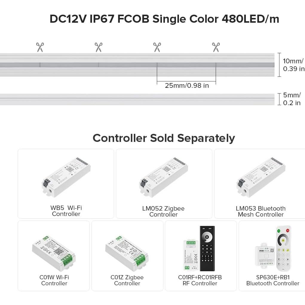 Tira LED FCOB BTF-LIGHTING 5M IP67 4000K 480LED/m Blanco