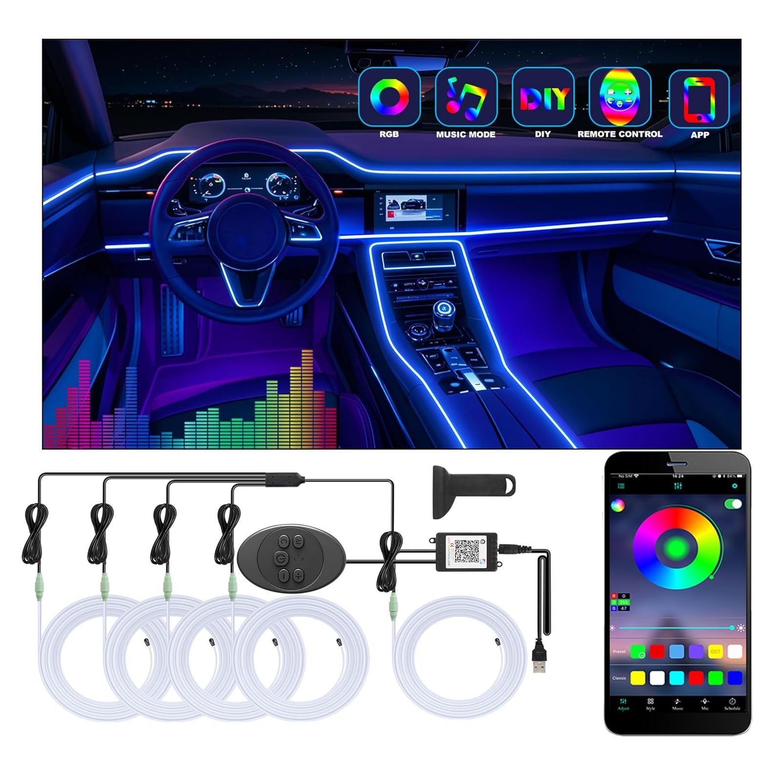 Luces LED de tira Fimker 5 en 1 RGB para coche con control app