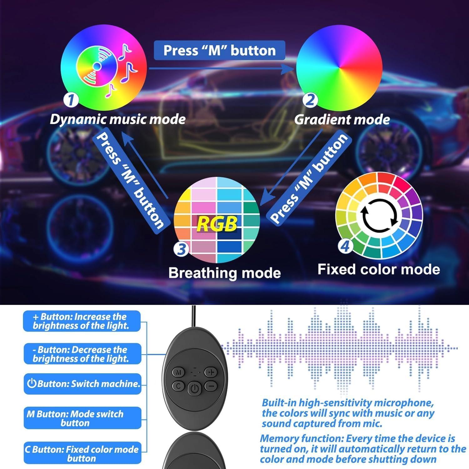 Luces LED de tira Fimker 5 en 1 RGB para coche con control app