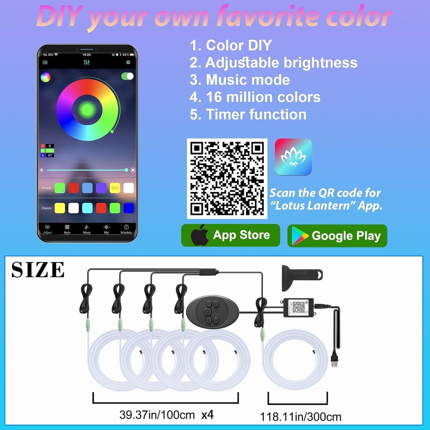 Luces LED de tira Fimker 5 en 1 RGB para coche con control app