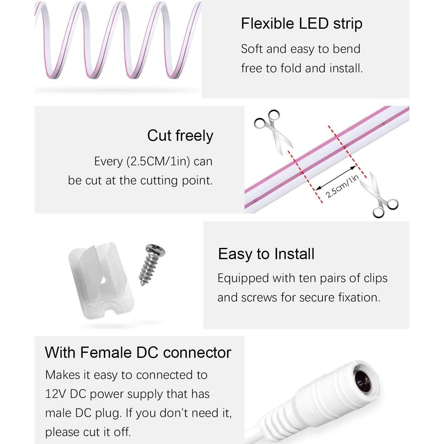 Tira de Luces LED Neón Rosa ALITOVE 5M Regulable IP67