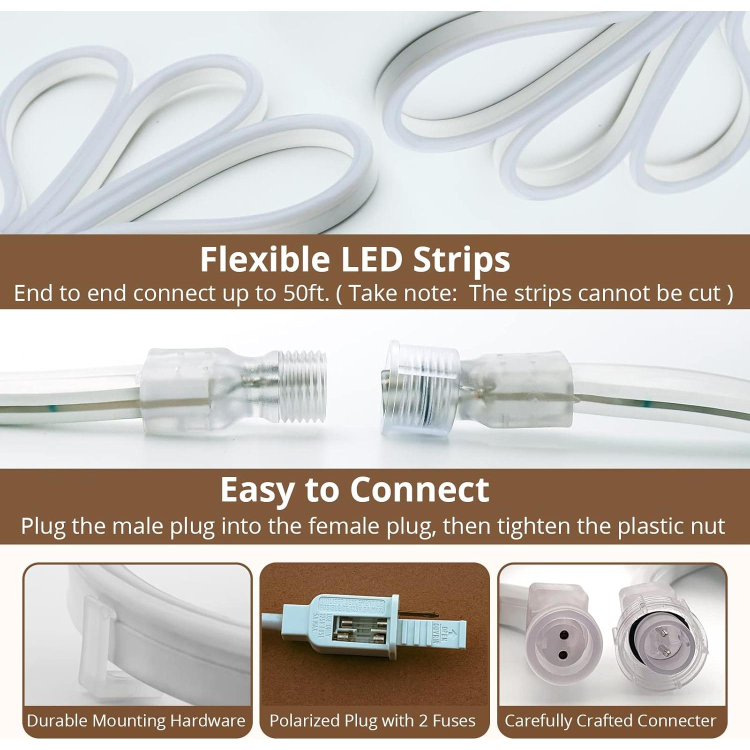 16.4FT Neon Lights Daylight, LED Flexible Linkable Waterproof Rope Strip Lights Nature White for DIY Sign Living Gaming Room Bedroom Bars Wall Party Wedding Christmas Indoor Outdoor Décor