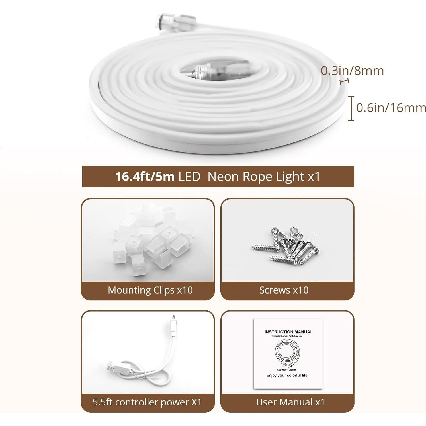 16.4FT Neon Lights Daylight, LED Flexible Linkable Waterproof Rope Strip Lights Nature White for DIY Sign Living Gaming Room Bedroom Bars Wall Party Wedding Christmas Indoor Outdoor Décor