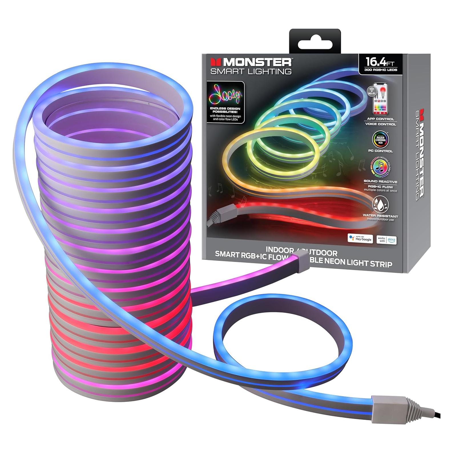 Monster Smart Neon LED Light Strip, 16.4 Ft RGB+IC Wi-Fi LED Rope Light, Water Resistant for Outdoor & Indoor, Compatible with Alexa Google Home & Siri, App & Voice Control, Sound Reactive, Flexible