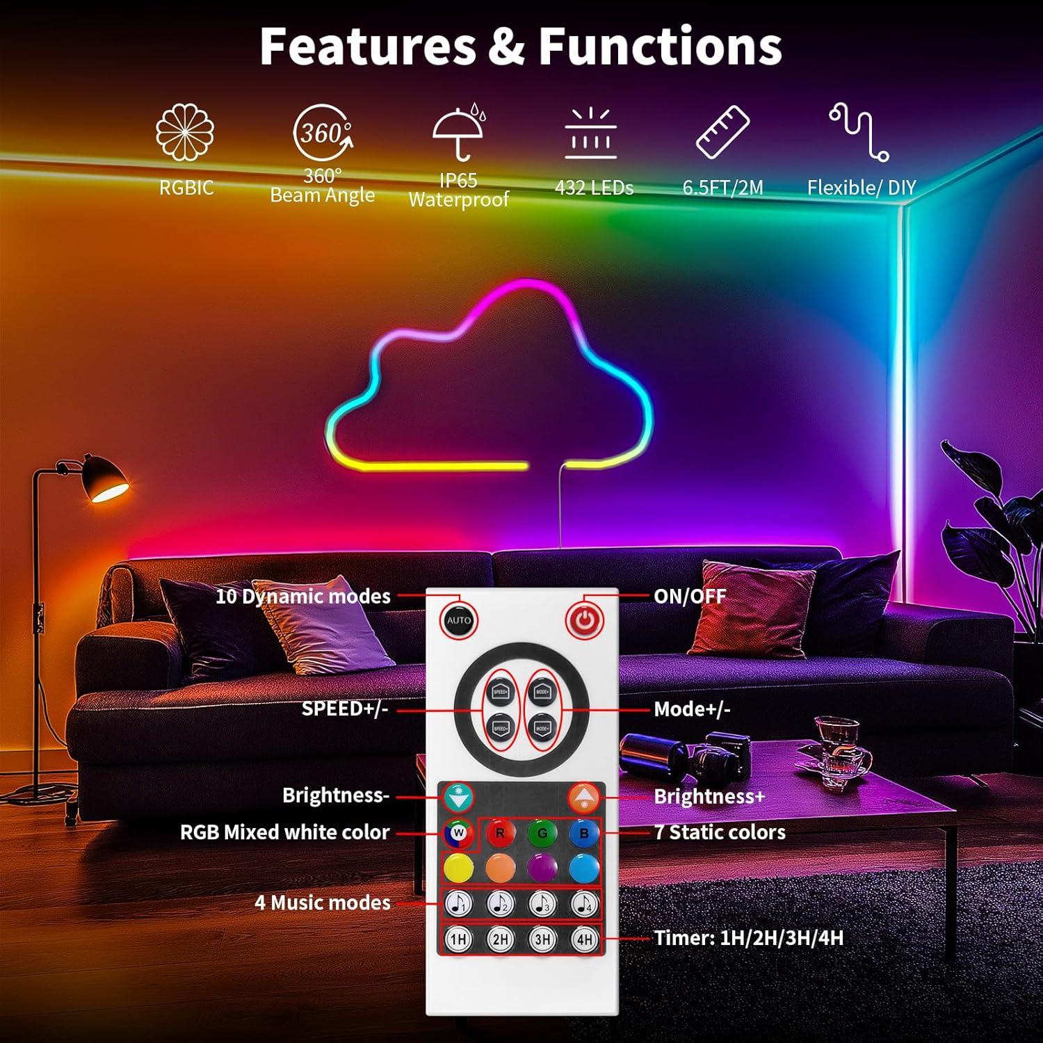 Tira de Luz LED Neón 6.5FT BUNACET RGBIC IP65 Flexible