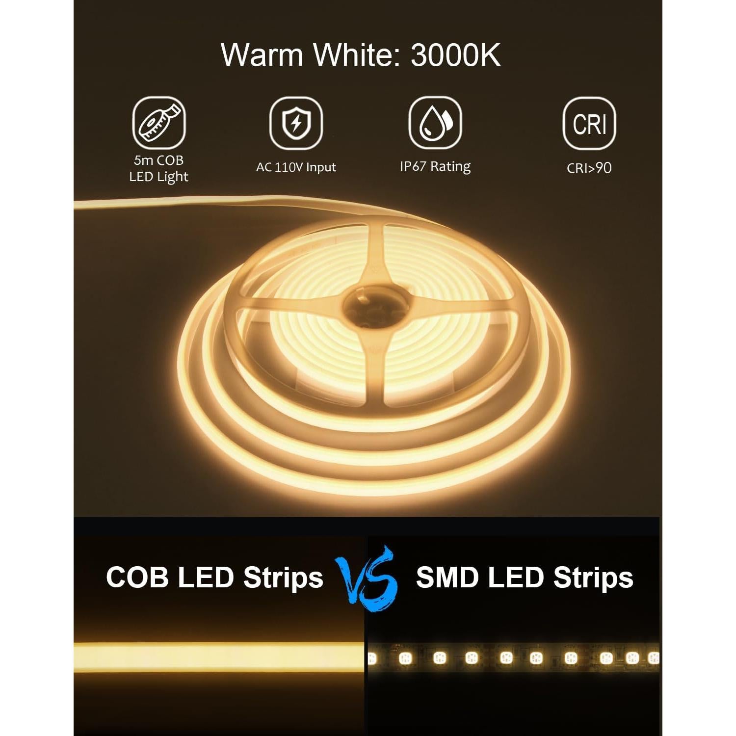 Tira LED COB 5M Blanco Cálido 3000K IP67 ALITOVE para Exterior