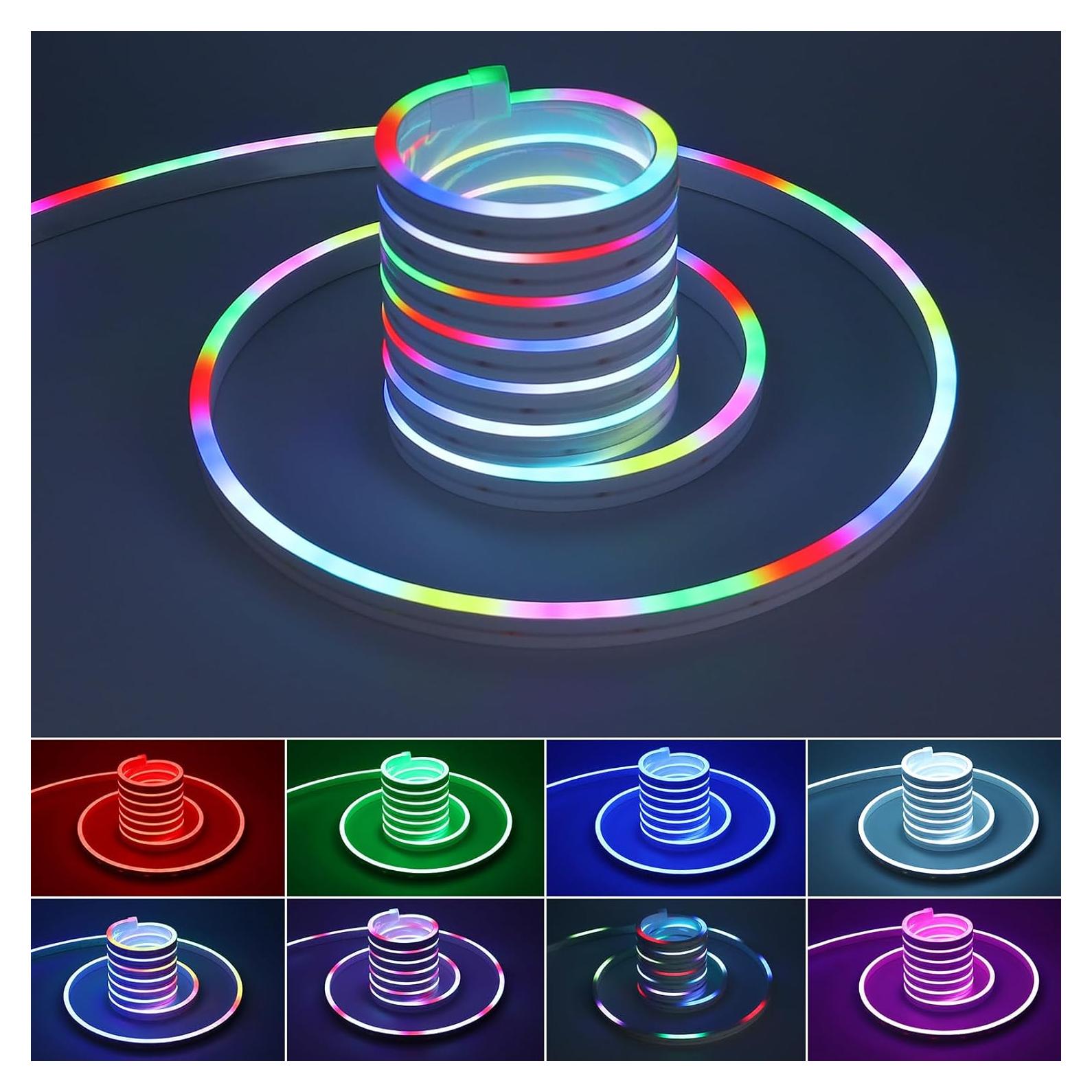 Neon LED Strip Lights, 12V Smart RGB+IC LED Strip Waterproof, 16.4ft/5M Flexible Neon LED Rope Light, Cuttable for Indoor Outdoor Decoration, DIY Sign (Product Without Power Supply)