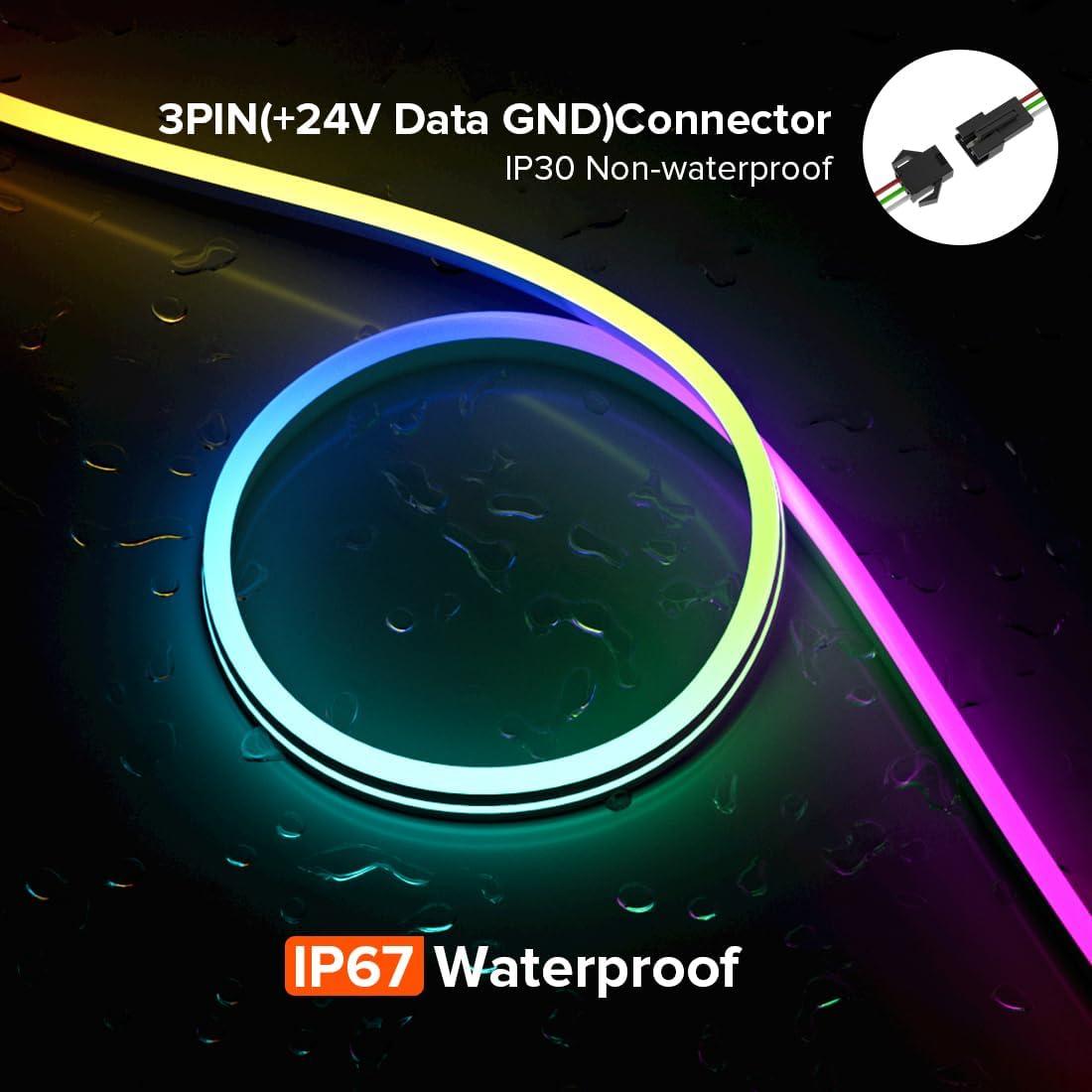 BTF-LIGHTING WS2811 IC RGB Chasing Color Side Emitting Neon Light 16.4FT DC24V 90IC 108LED/m T0615 IP67 Waterproof Flexible Addressable Rope LED Strip for Indoor DIY Decor (No Adapter or Controller)