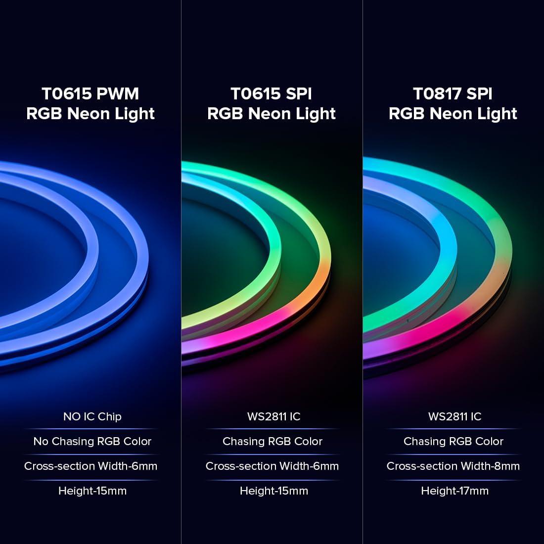 BTF-LIGHTING WS2811 IC RGB Chasing Color Side Emitting Neon Light 16.4FT DC24V 90IC 108LED/m T0615 IP67 Waterproof Flexible Addressable Rope LED Strip for Indoor DIY Decor (No Adapter or Controller)