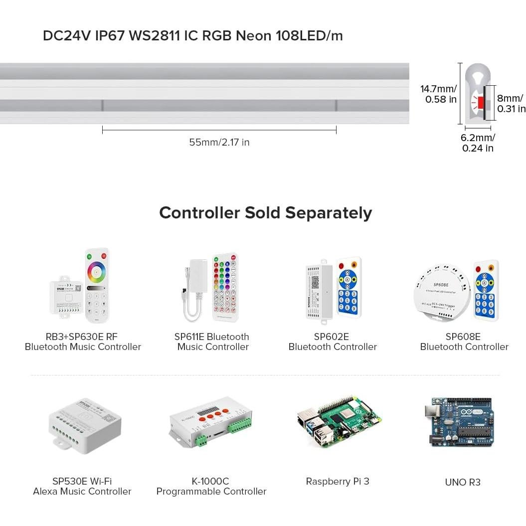 BTF-LIGHTING WS2811 IC RGB Chasing Color Side Emitting Neon Light 16.4FT DC24V 90IC 108LED/m T0615 IP67 Waterproof Flexible Addressable Rope LED Strip for Indoor DIY Decor (No Adapter or Controller)