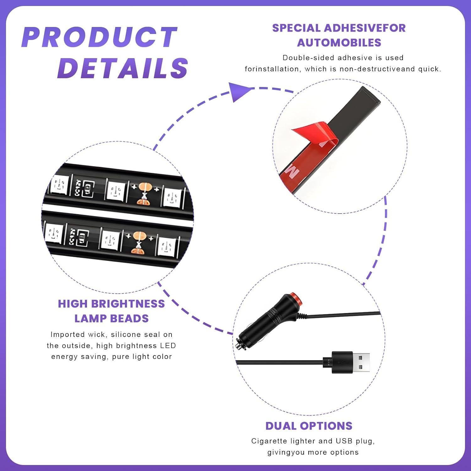 Car LED Strip Light, 12V 24 LEDs RGB Under Dash Ambient Night Light, Cigarette Lighter Neon LED Strip Lights, Universal Atmosphere Lamp Decorative Strip for Car Truck SUV (Ice Blue)