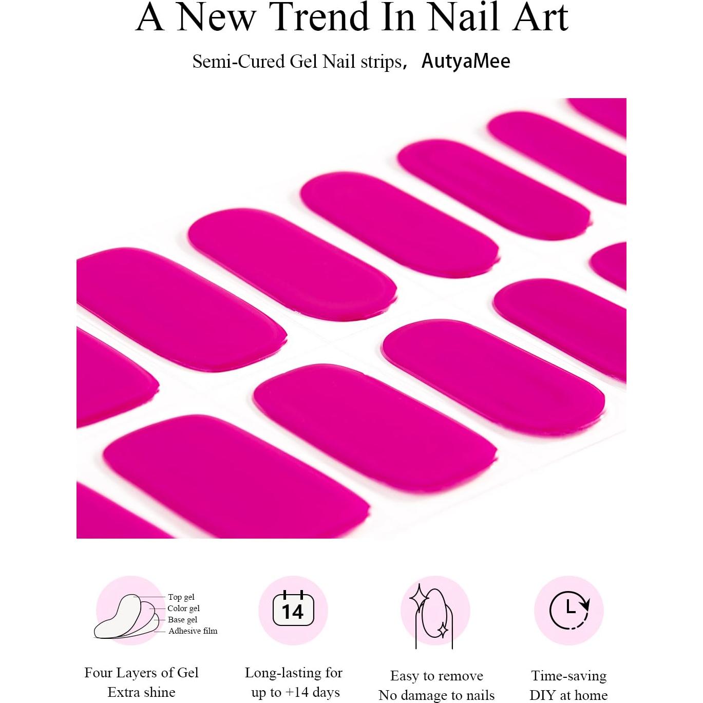 Tiras de Uñas de Gel Semi-Curadas AutyaMee Rosa Caliente 20 Pzas