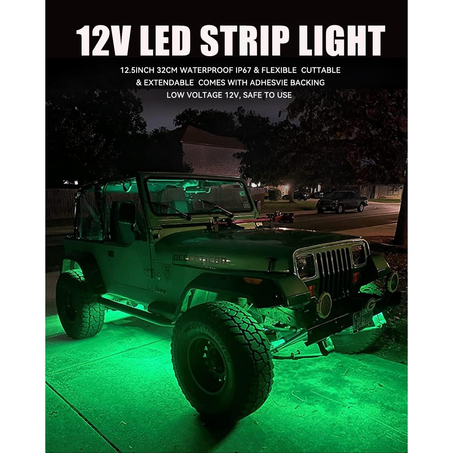 Tira de luz LED verde impermeable Keiurot 32.3cm 12V - Paquete de 4