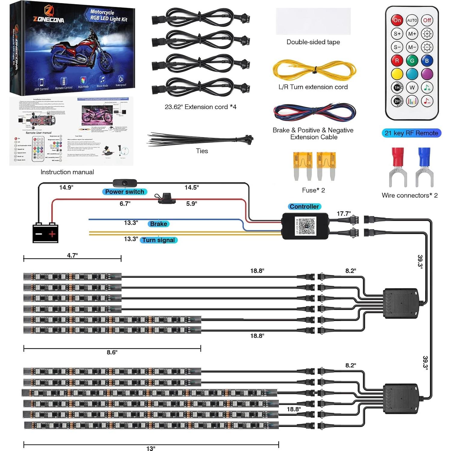 Kit de Luces LED RGB ZONECONA para Motocicleta 12PCS IP68