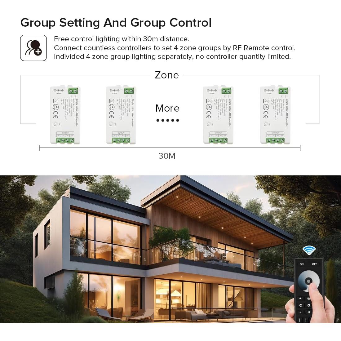 BTF-LIGHTING 5050SMD FCOB COB Dimming RF 2.4GHz Wireless Remote RC01RFB & C01RF Tuya Controller Kit 4 Zones Group Control PWM Single Color (+V -V) 2pin LED Strip Neon Rope Light DC5V DC12V DC24V