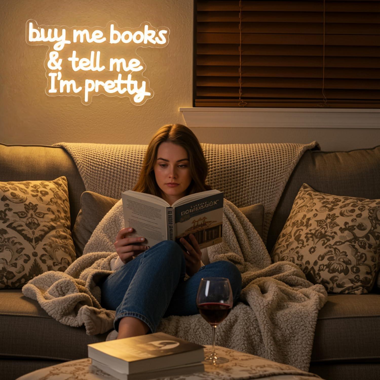 Buy Me Books and Tell Me I'm Pretty Neon Sign,Neon Signs For wall Decor,Classroom Sign,Warm White LED Sign,Dimmable Letter Neon Lights,Neon Light Sign for Bedroom Classroom Led Wall Art