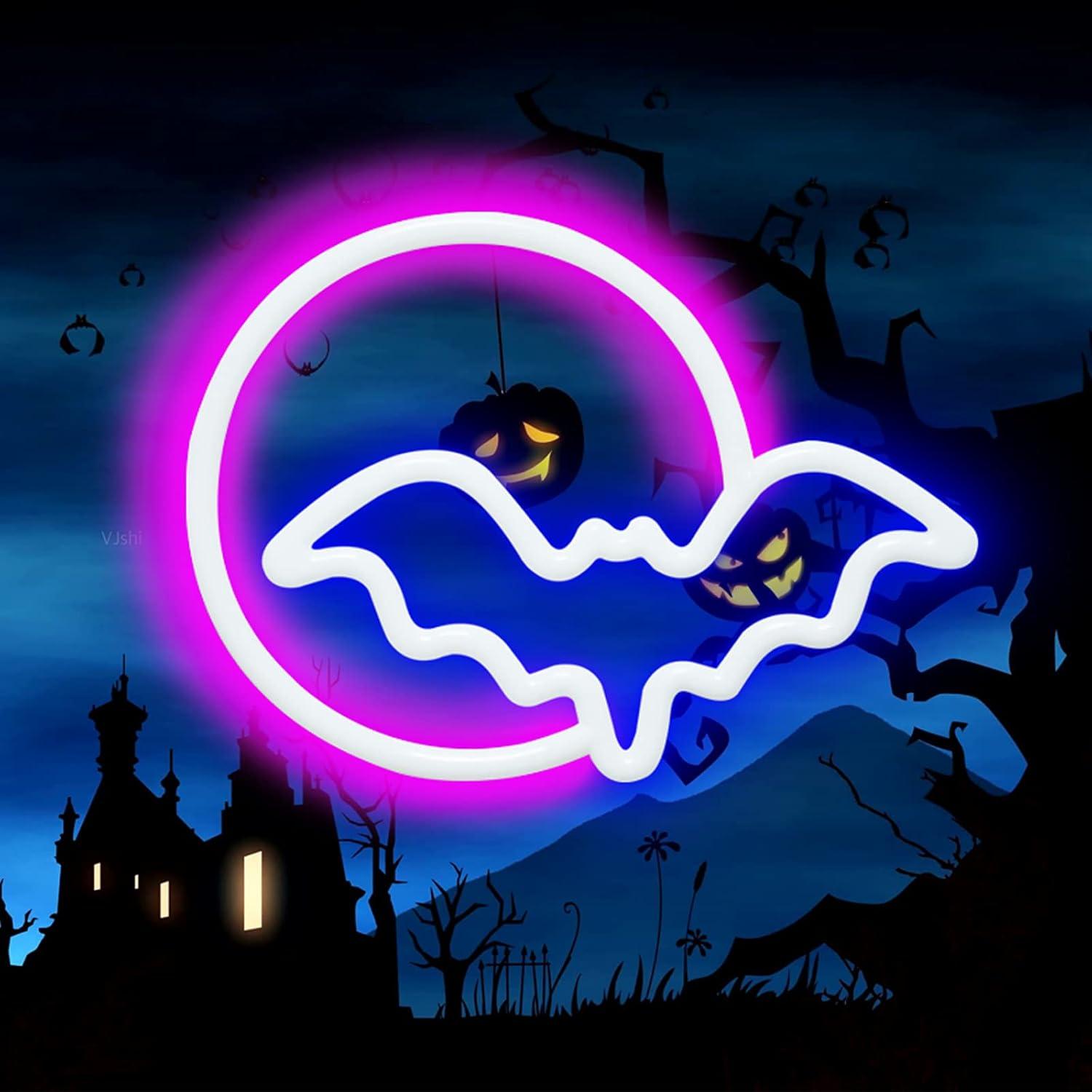 Luz de Neón SEMETOR Luna y Murciélago 27x20 cm USB/Batería