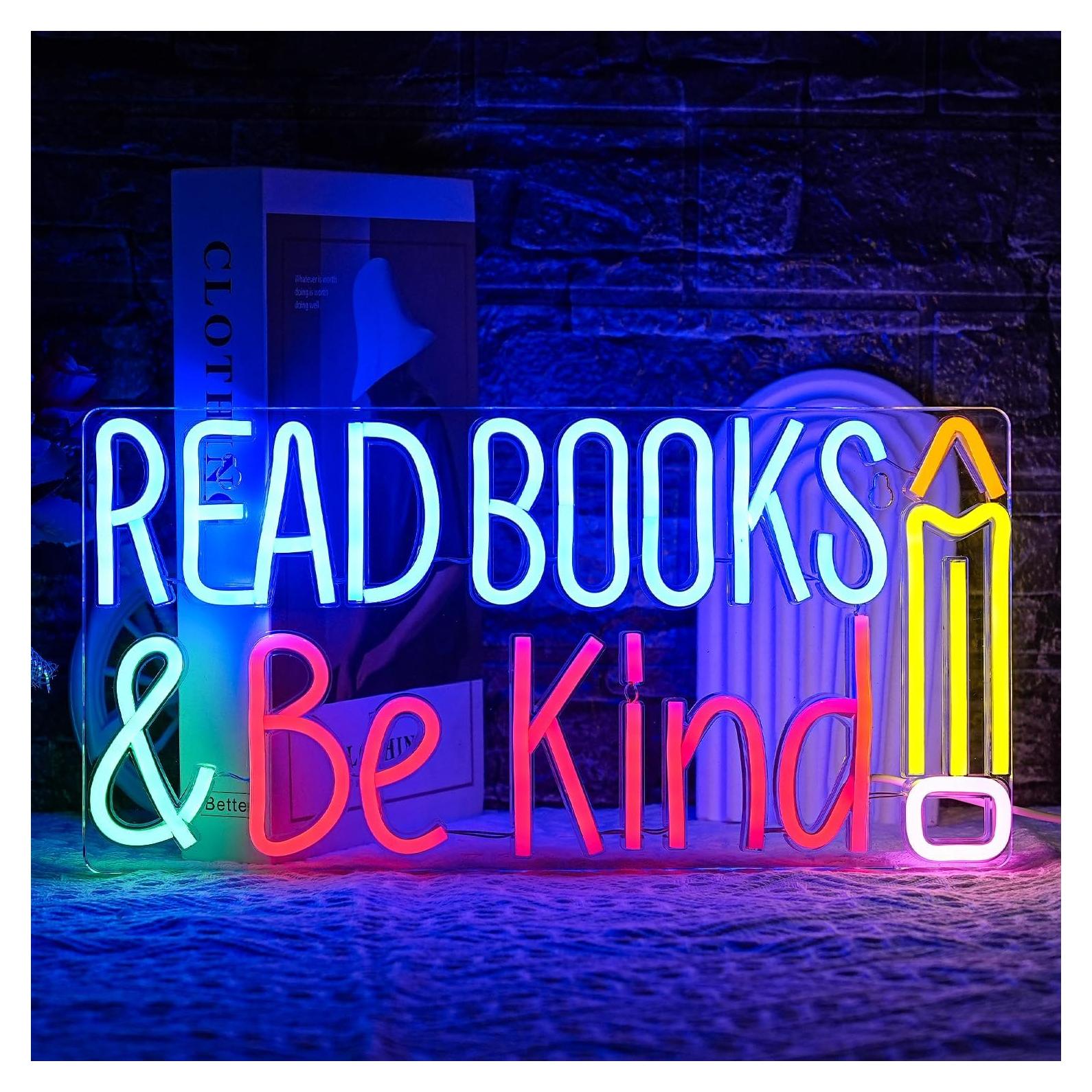 Letrero de Neón LED Colorido Lea Libros y Sea Amable 35.8x17.8cm
