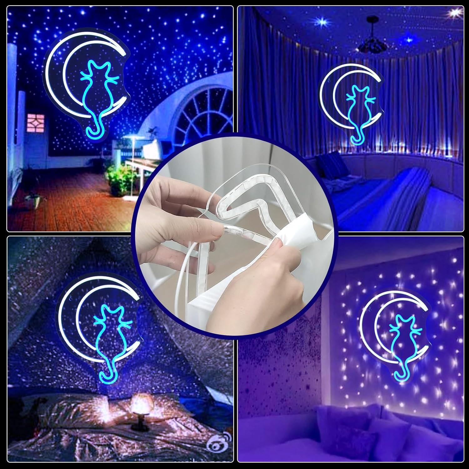 Moon Cat Neon Signs for Wall Decor White Blue LED Light Sign for Preppy Room Decor Light Up Sign for Birthday Party Decoration USB Powered