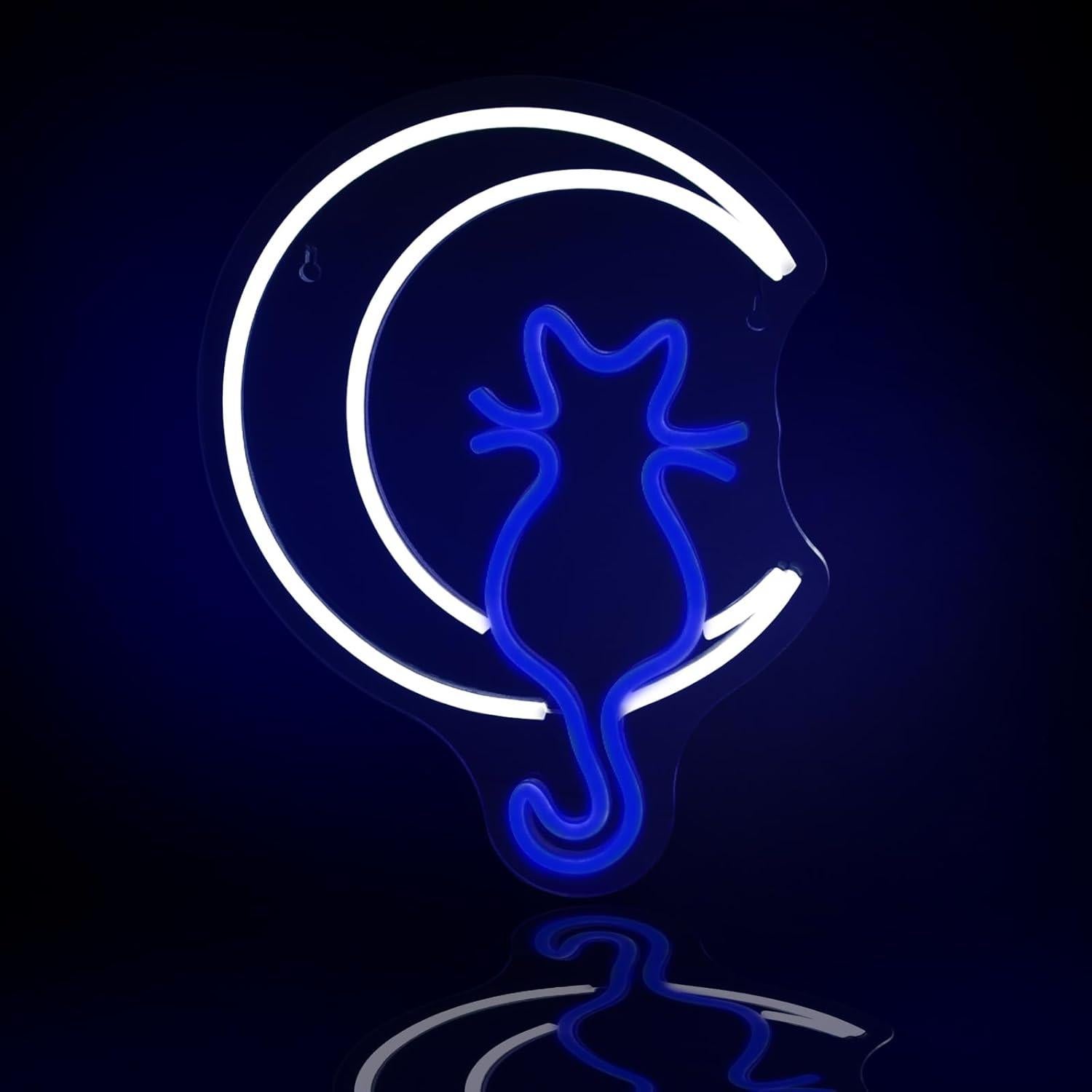 Moon Cat Neon Signs for Wall Decor White Blue LED Light Sign for Preppy Room Decor Light Up Sign for Birthday Party Decoration USB Powered