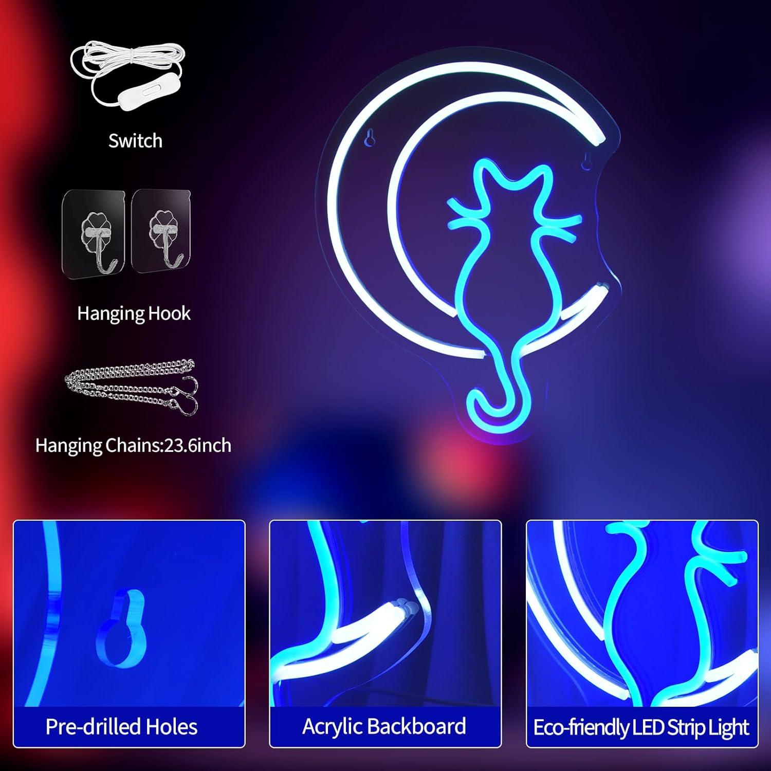 Moon Cat Neon Signs for Wall Decor White Blue LED Light Sign for Preppy Room Decor Light Up Sign for Birthday Party Decoration USB Powered