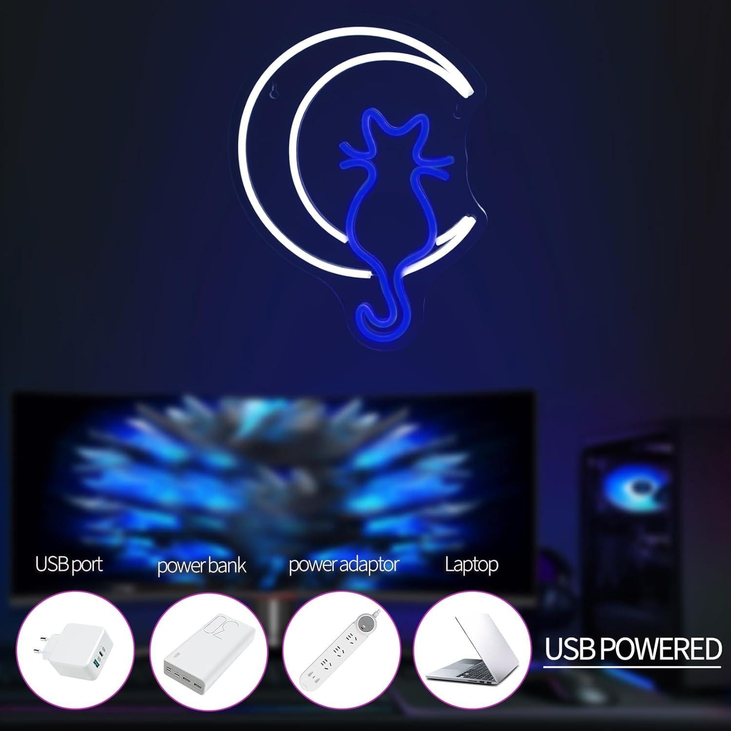 Moon Cat Neon Signs for Wall Decor White Blue LED Light Sign for Preppy Room Decor Light Up Sign for Birthday Party Decoration USB Powered