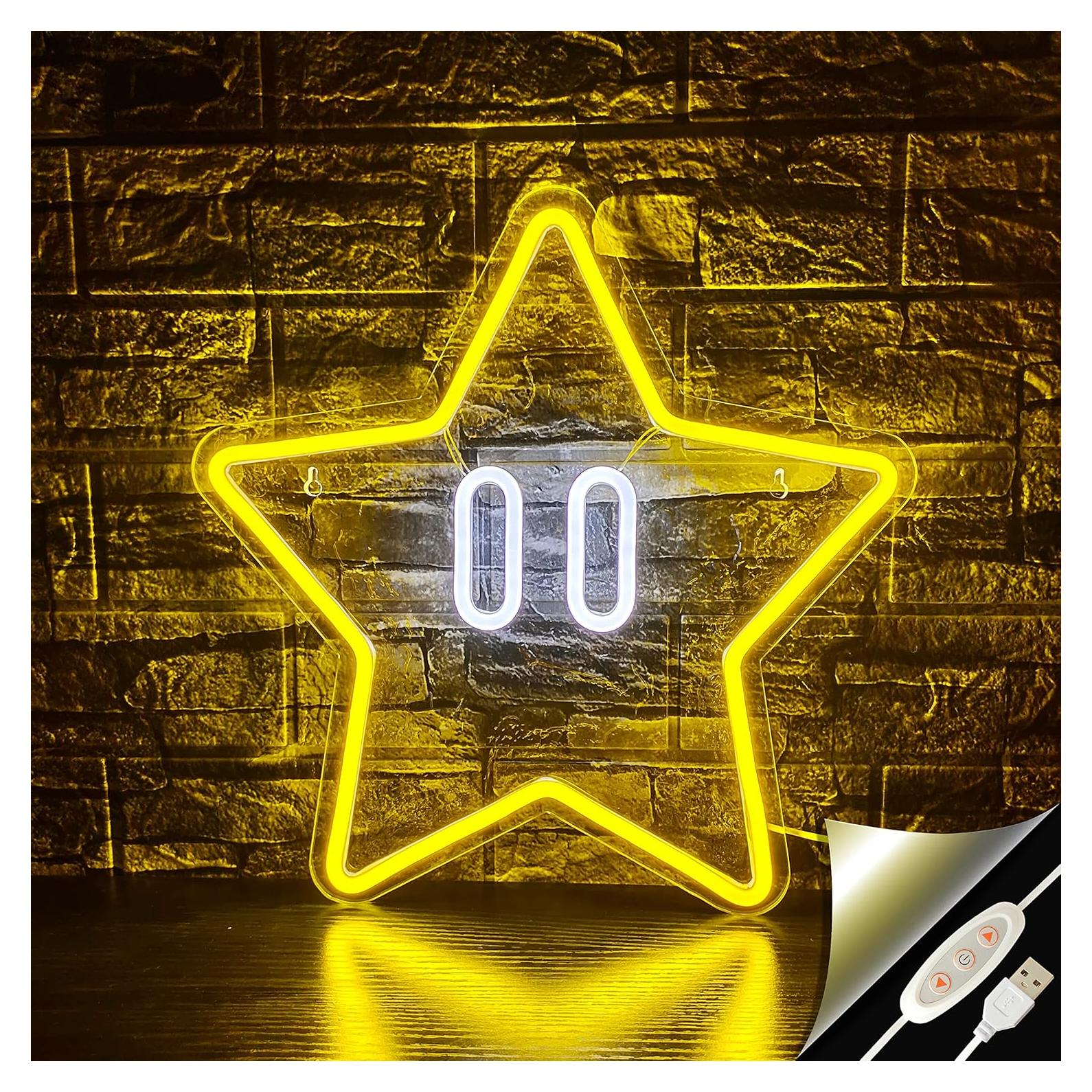 Letrero de Neón Estrella LED Amarillo 35x35 cm para Juegos