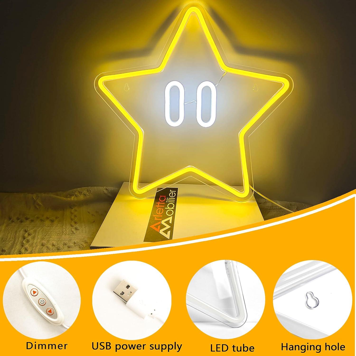 Letrero de Neón Estrella LED Amarillo 35x35 cm para Juegos